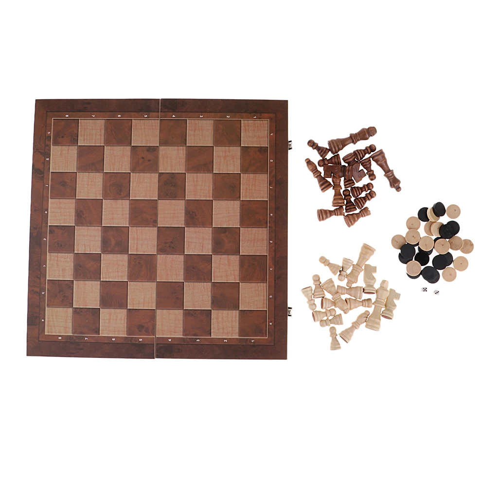 Wooden Portable Foldable 3 in 1 Chess Checkers and Backgammon Pieces Travel Game Set Education Toys 39x39cm