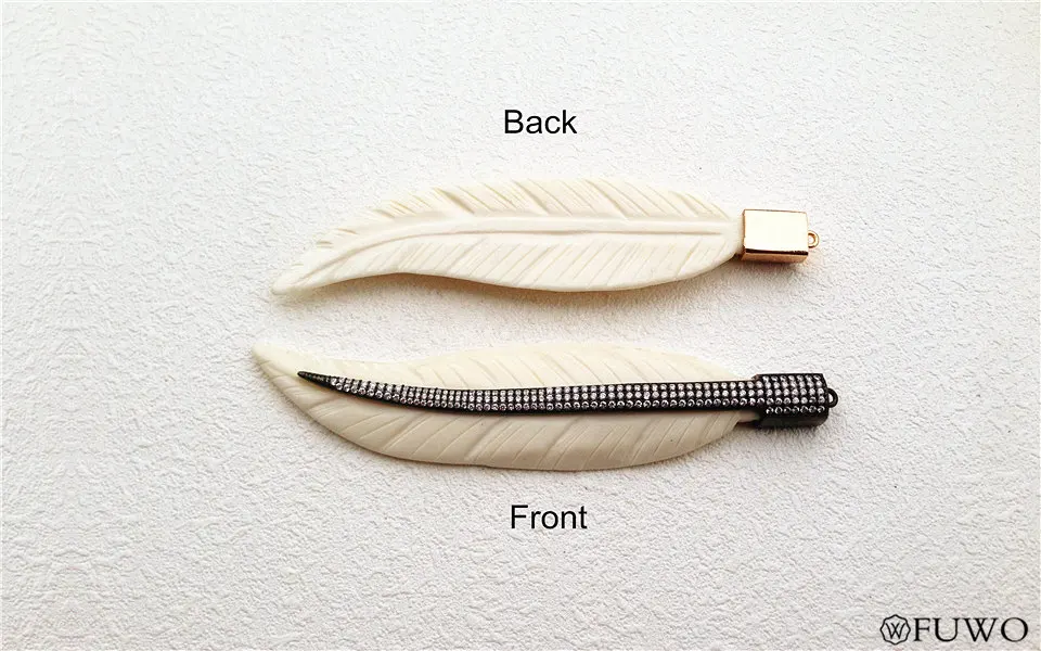 Natural Bone Carved Micro Pave Leaf Feather Pendant 9