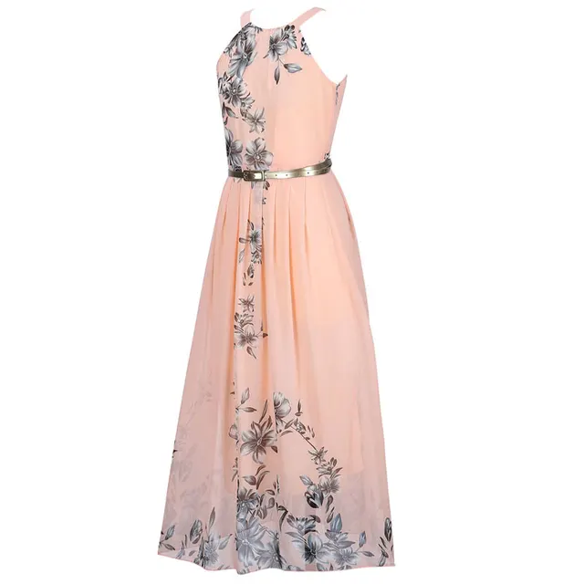 2018 Summer Women Dress Chiffon Floral Print Halter Tunic Sleeveless Pleated Long Maxi Party Boho Dresses With Belt Vestidos  1