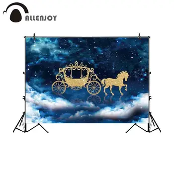 

Allenjoy photocall background photo golden royal carriage reflection starry sky Princess party decor cloudy photography backdrop