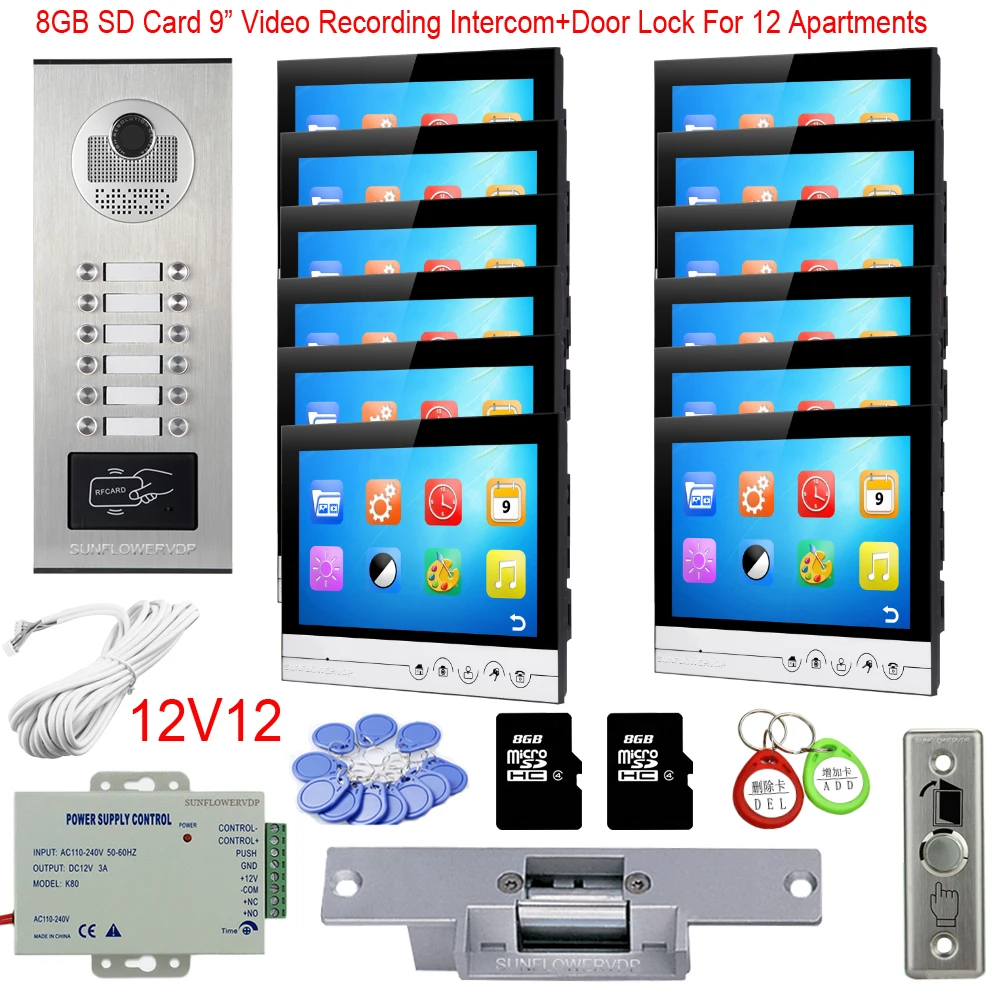 RFID 8/10/12 Call Buttons Video Intercom On The Front Door 8GB Video Recording 9\ Color Monitor Door Phone With Electric Lock