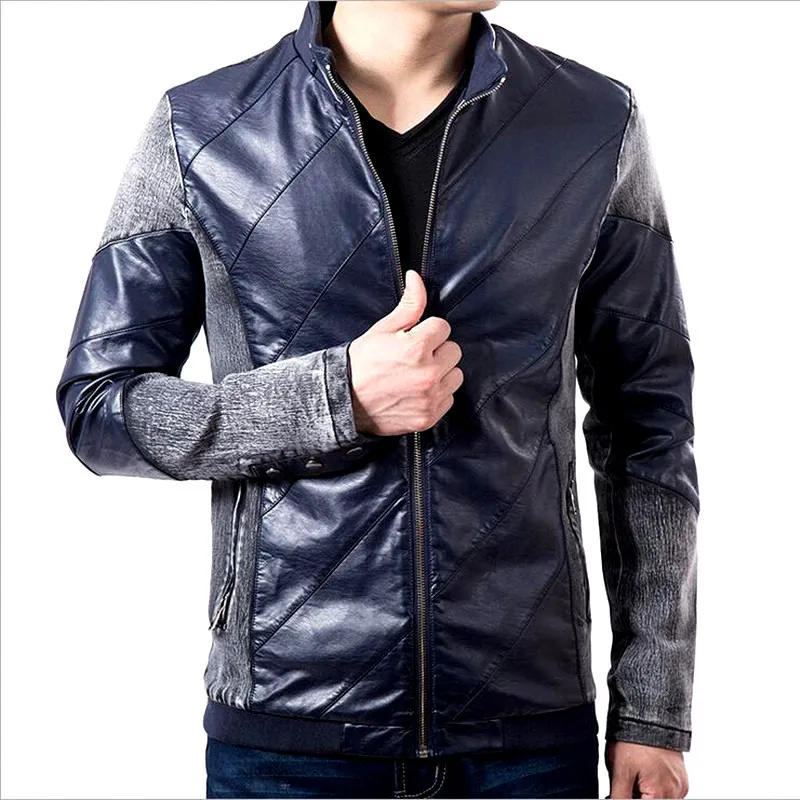 Men Denim Stitching Leather Jacke Casual Simple Slim Jacket Fashion