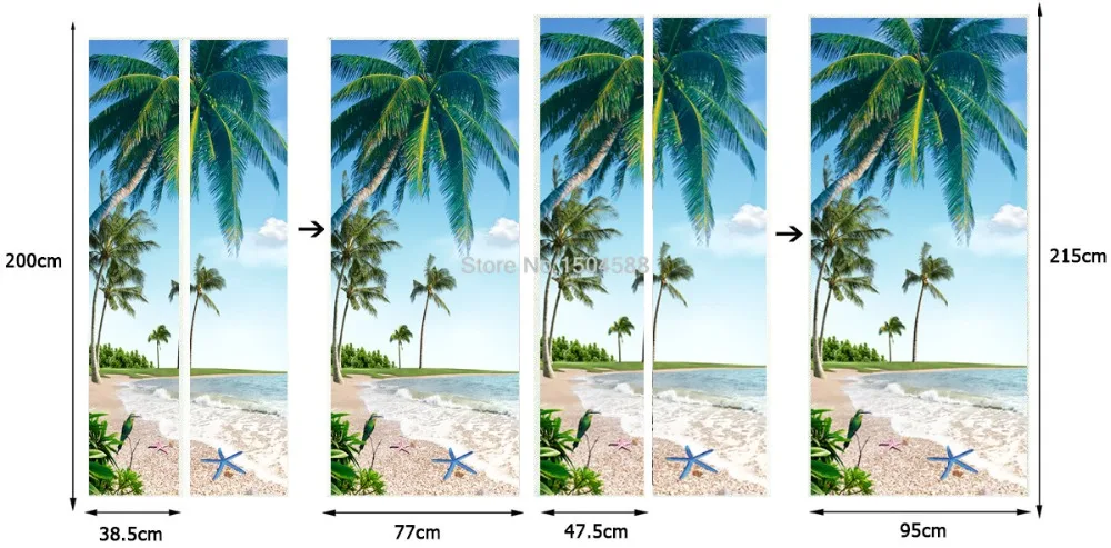 2 шт./компл. самоклеющиеся наклейки дверь Стикеры 3D пляж кокосовой пальмы пейзаж настенная живопись Бумага Ресторан Ванная комната Водонепроницаемый стены Стикеры s