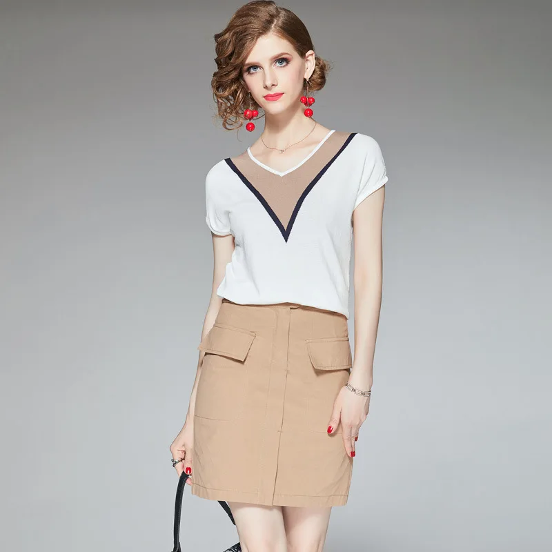 

Skirt Set Summer Women's Fashion 2019 NEW V-Neck Short Sleeves Viscose Elastic Knitted Top + Slim Mini Skirt Two Piece Set S-XL