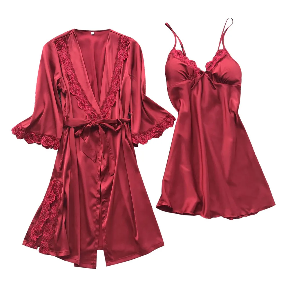 Новинка, пижама, сексуальное женское белье, одежда для сна, camisola de dormir feminino, длинный рукав, v-образный вырез, однотонная летняя атласная ночная рубашка - Цвет: Красный