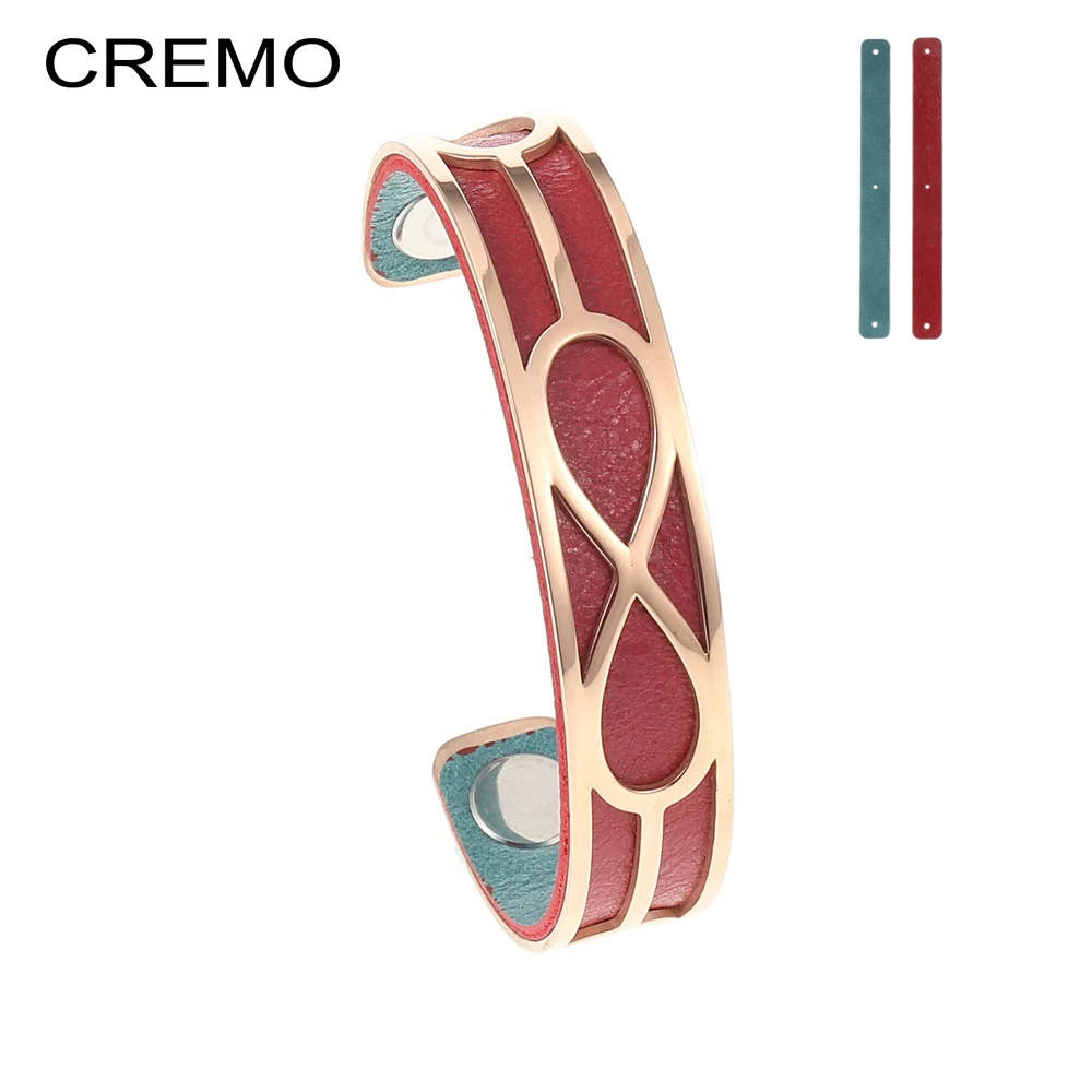 

Cremo les Manchette Infinity Rose Gold Bracelet For Woman Leather Inserts Band Narrow Cuff Bangle Stainless Steel Jewelry