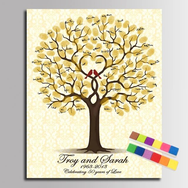 Fingerprint Signature Canvas Painting Birds In Heart Tree Fingerprint Signature Canvas Painting Birds In Heart Tree Wedding Anniversary Gift Guest Book