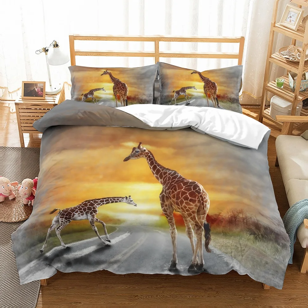 

Giraffe Mom and Baby Bedding Set Sunset Lawn Road Print Country Scenery Comforter Set with Pillowcase Double King Single Bedding