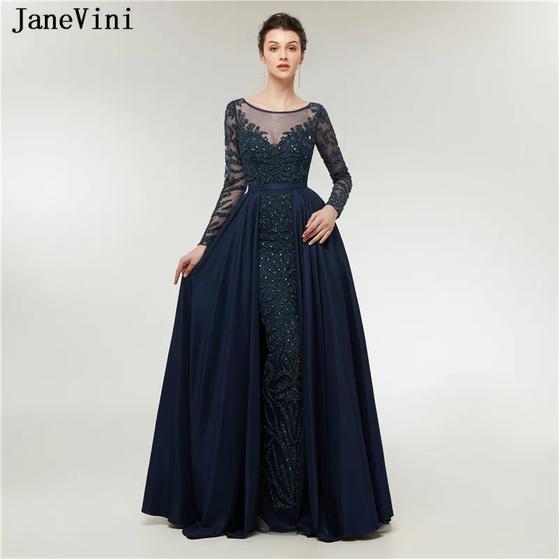 JaneVini 2018 роскошный с бисером с кристаллами, атласное платья для подружки невесты с поезд совок шеи Sheer Вернуться Русалка с длинными рукавами