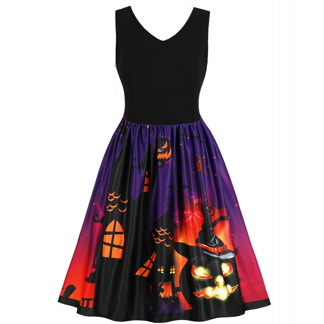 

S-4XL Women Summer Dress Halloween Party Vintage Gothic Skull Pumpkin Printed Casual Rockabilly Dress Plus Size 3XL Clothing