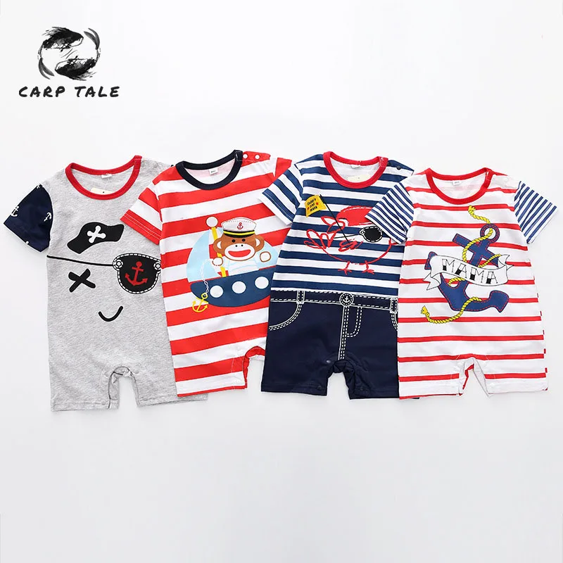 

Newborn baby spring and summer new baby short-sleeved pirate jumpsuit print striped children's clothing boys and girls clothes