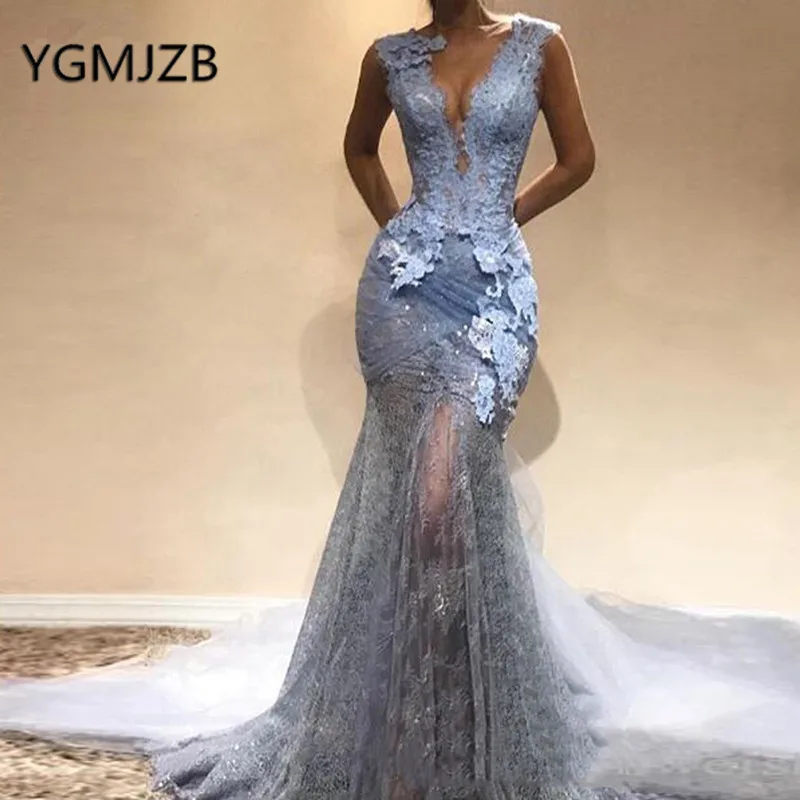 Abendkleider 2019 Sexy Lace Evening Dresses Long Mermaid Deep V-neck See Through Saudi Arabic Women Formal Prom Gown Party Dress Abendkleider 2019 Sexy Lace Evening Dresses Long Mermaid Deep V-neck See Through Saudi Arabic Women Formal Prom Gown Party Dress