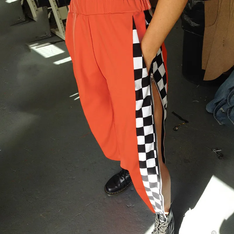 Европа Россия благородные женские брюки высокого качества повседневные оранжевые Лоскутные клетчатые брюки с высокой эластичной резинкой на талии штаны на молнии - Цвет: Оранжевый
