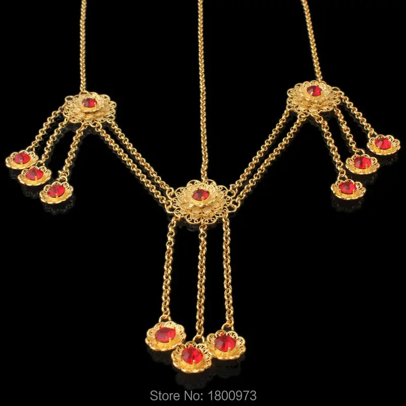 

Newest Ethiopian Hair Chain Noble Red Crystal Hair Jewelry 24K Gold Color Jewelry for African Women Wedding Engagement