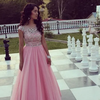 

Sexy Beading Tops Prom Gown Pink Short Sleeve Fashion Dress for Wedding Party Custom Made