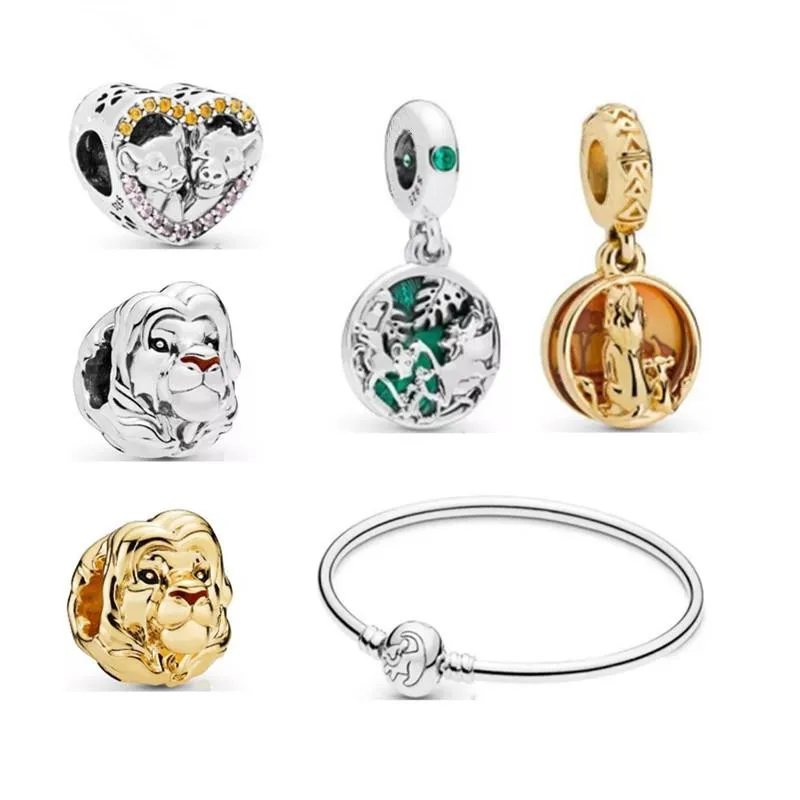 

TOP quality 925 Sterling Silver Vintage Lion King style heart Charms golden Bead Fit European brand Charm Bracelet DIY Jewelry
