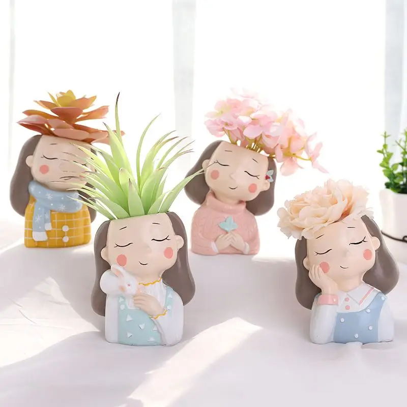 

Little Warm Girl Planter 4pcs/Set Resin Succulent Plants Planter Pot Mini Bonsai Cactus Flower Pot Home Decor Rabbit Craft R989