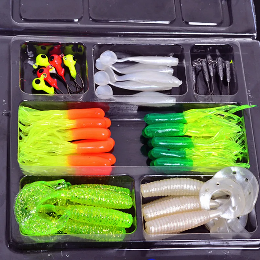 45pcs Soft Worm Bait Lure +10pcs Lead Jig Head Hooks Combination Set Simulation Suite Soft Bait Carp Fishing Lure Tackle