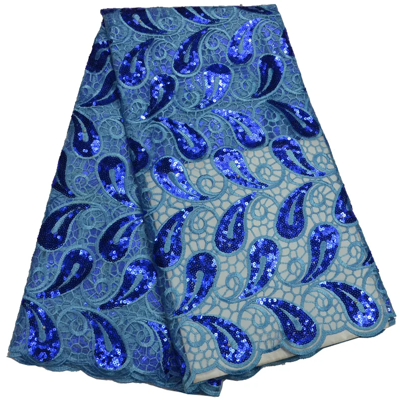 

Free shiping (5yards/pc) beautiful skyblue African French net lace fabric with lots of royal blue sequins for party dress FLP802