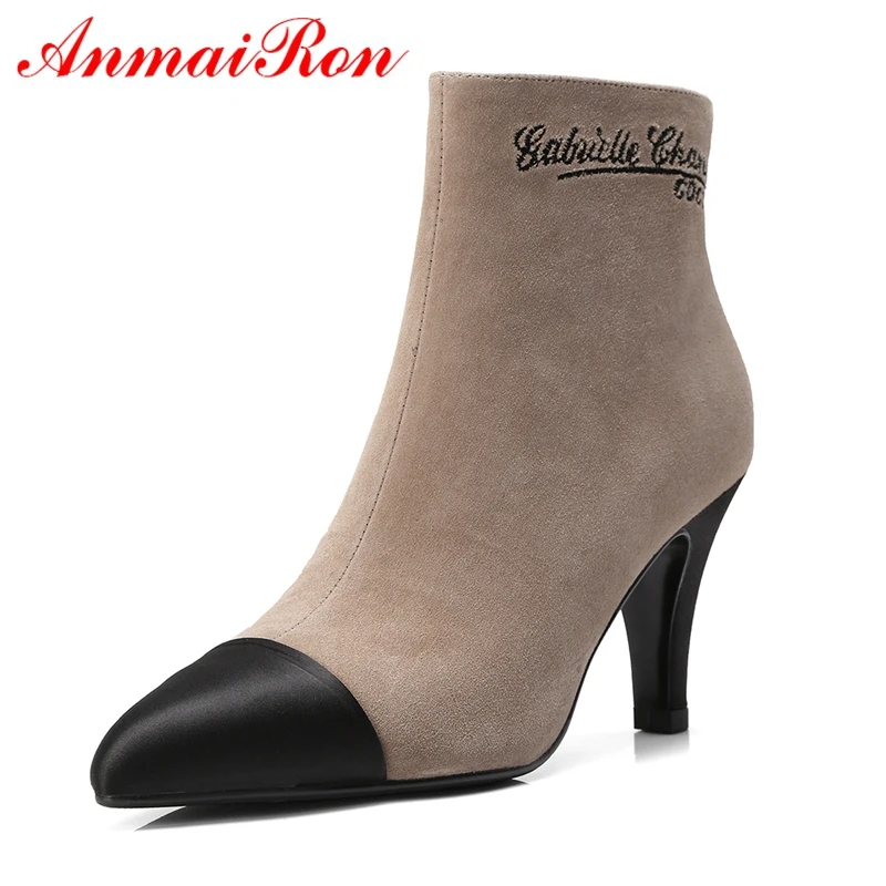 

AnmaiRon New Arrival Basic Pointed Toe Boots Women High Heel Ankle Boots for Women Macvise 2018 Size 34-40 LY202