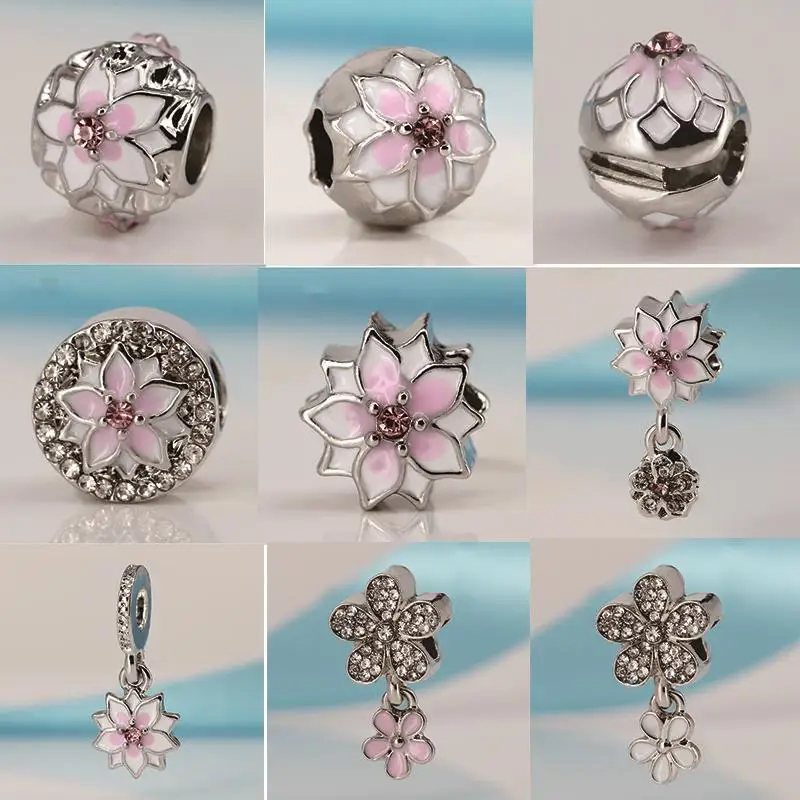 

2018 Newest Silver Plated Magnolia Bloom Charm Beads Pink CZ bead Fit Original Pandora Bracelet Necklace DIY Jewelry Gift