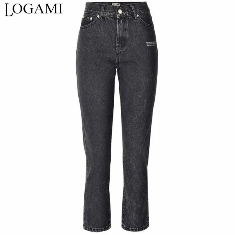 

LOGAMI High Waist Letter Print Jeans Woman Spring Summer Boyfriend Jeans For Women Casual Straight Denim Pants Grey