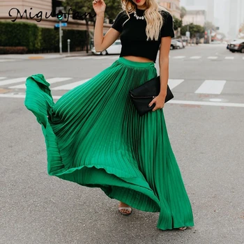 

Miguofan Pleated Skirt Women High Waist Long Skirts Loose Streetwear Solid Black White Maxi Skirts Summer 2019 Jupe Femme