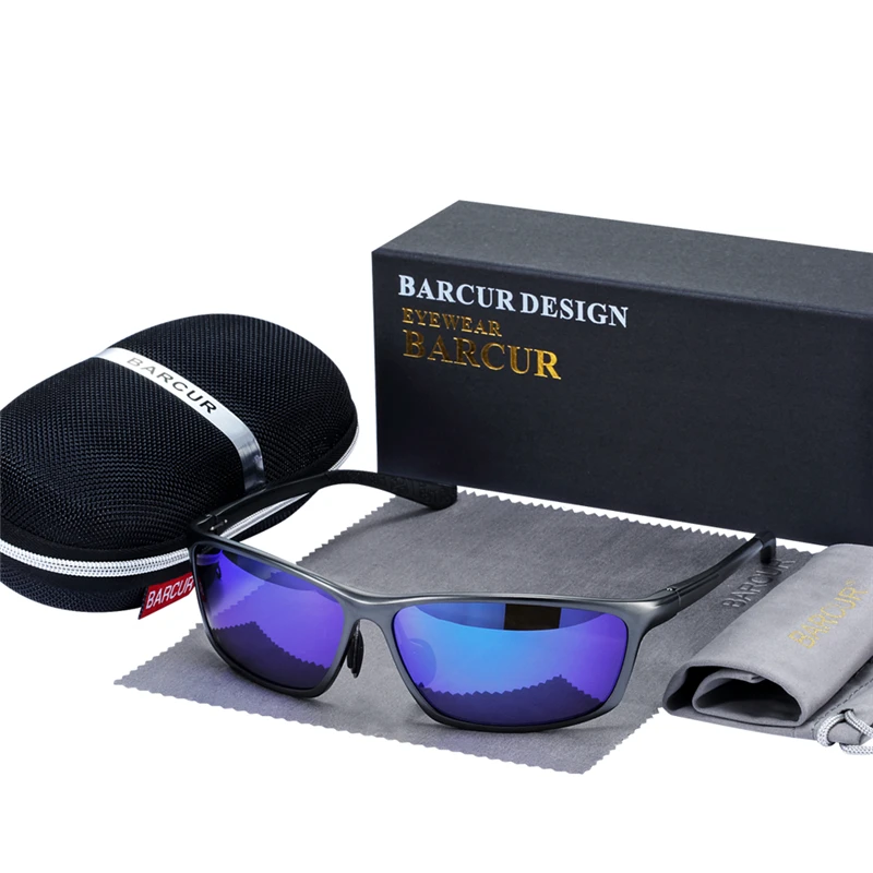 BARCUR, алюминиевые поляризованные солнцезащитные очки для мужчин, аксессуары для очков, мужские синие зеркальные солнцезащитные очки, очки-люкс