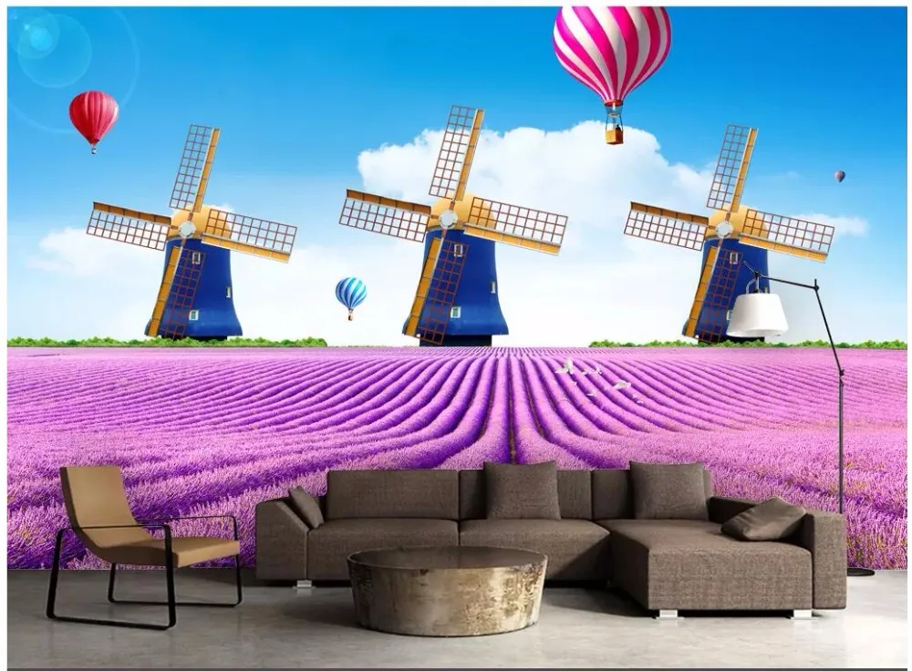 

custom photo 3d wall paper for living room Flower of ocean lavender dutch windmill 3d wall murals wallpaper for walls 3 d