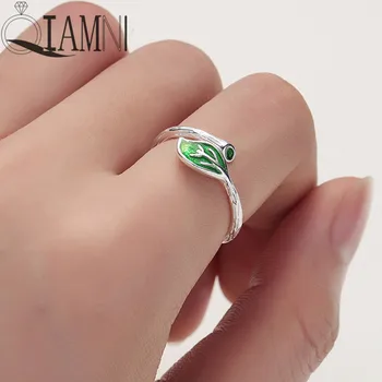 

QIAMNI Trendy Minimalist Green Leaf Enamel Adjustable Finger Rings Party Birthday Gift Knuckle Ring Charm Bague