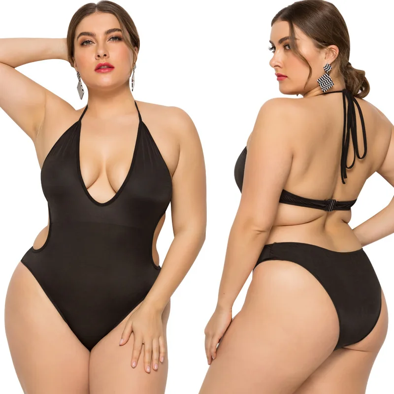 

2019 Europe and America Large size swimsuit halter fashion strap deep V-neck slimming one piece skirt style fat MM spa swimsuit
