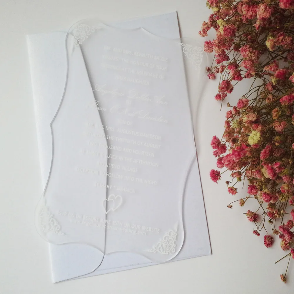  Customized 100pcs per lot 5*7inch Frosted scroll shape acrylic wedding invitation card - 32439834434