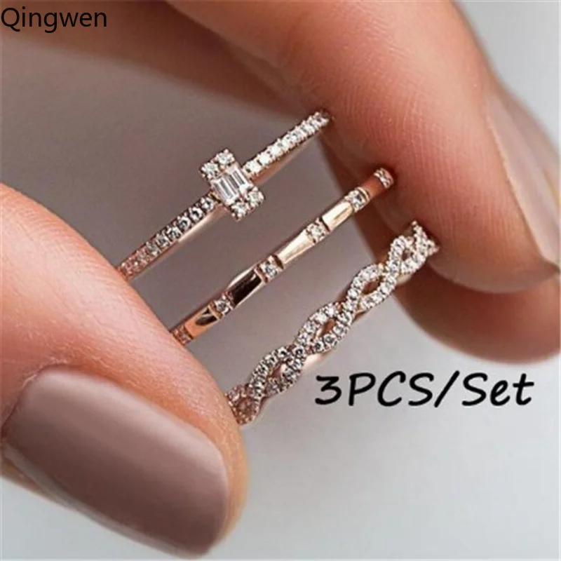 

Qingwen 3Pcs Fashion Geometry Intersect Crystal Rings Set For Women Girls Engagement Wedding Rings Party Jewelry Gifts CE0765/5