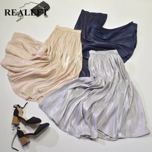 REALEFT Новое поступление весна лето эластичные юбки до середины икры Высокая талия Твердые элегантные мягкие гофрированные длинные юбки для женщин