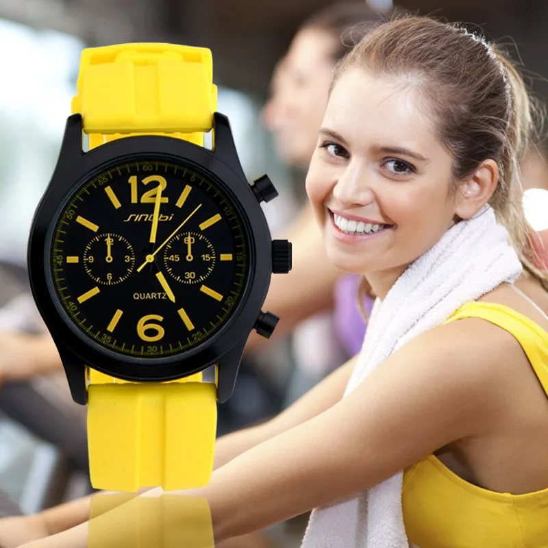 

SINOBI Brand Fashion Yellow Silicone Band Causal Women Watches Black Quartz Watch Girls Sports Wriswatch Clock relogio feminino