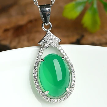 

S925 Sterling Silver Necklace inlaid natural green chalcedony pendant female fashion jewelry jade pendant accessories