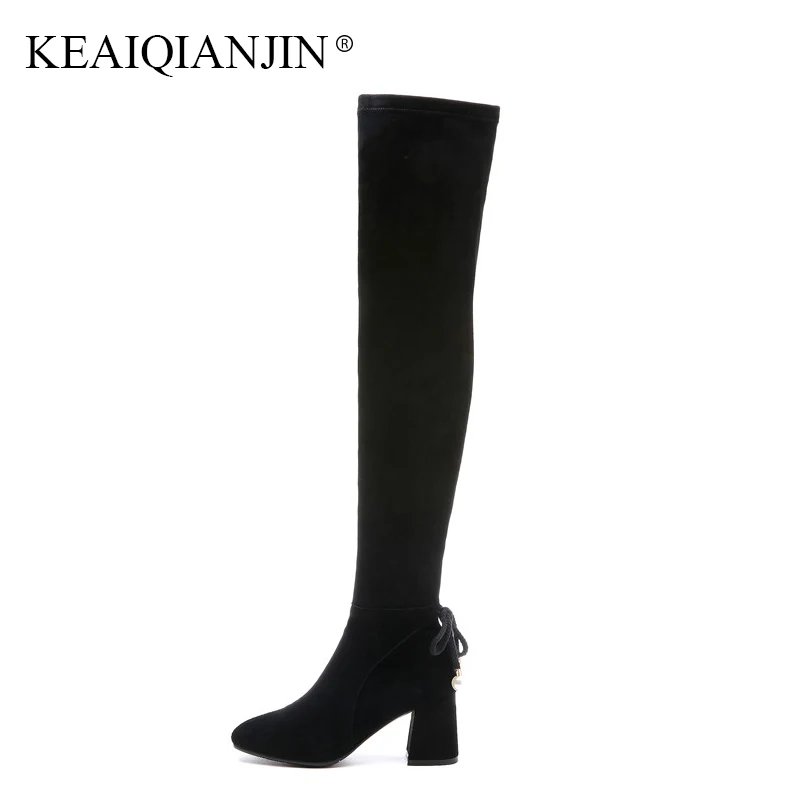 

KEAIQIANJIN Woman String Bead Over The Knee Boots Black Fashion Autumn Winter High Heeled Shoes Genuine Leather Knee High Boots