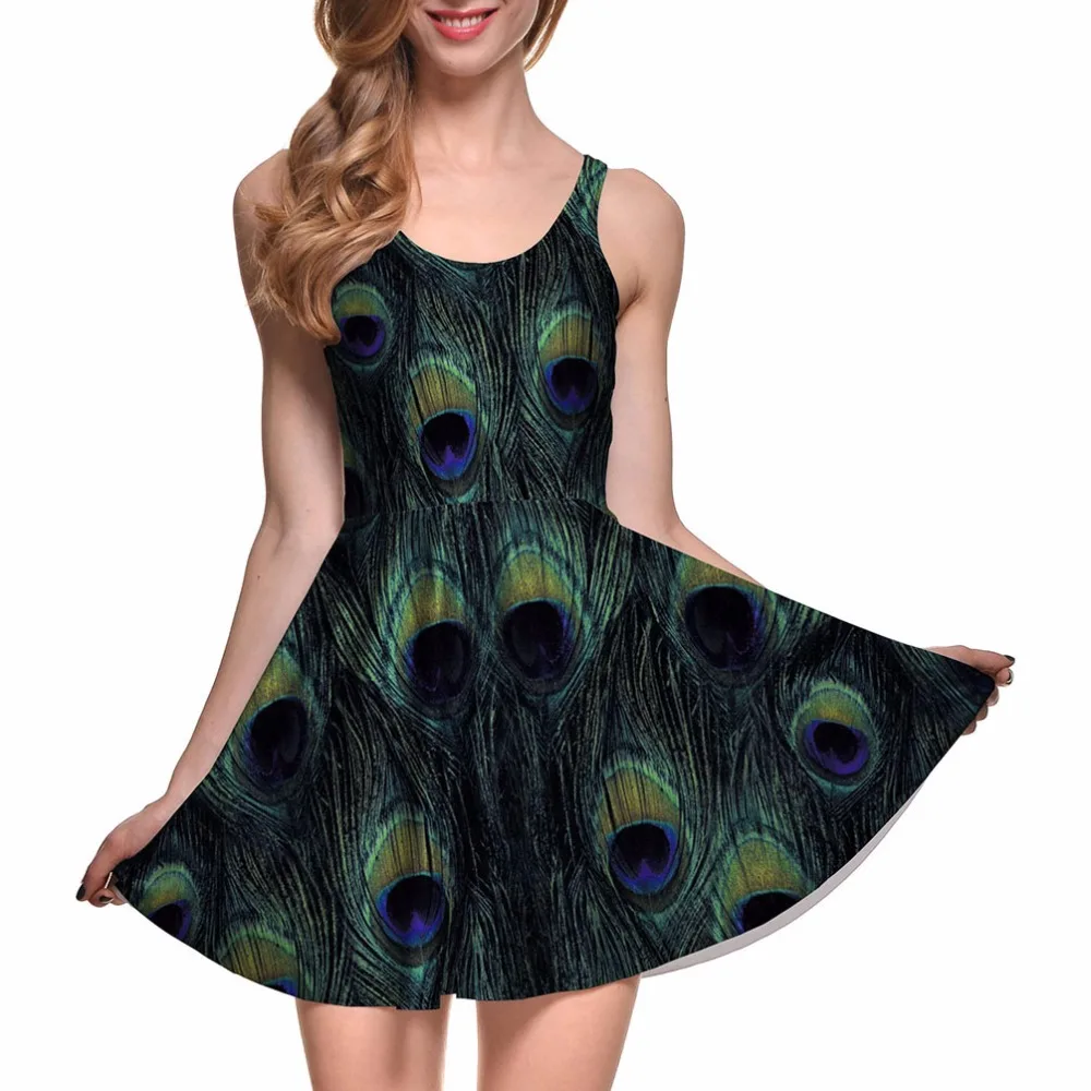 

2017 Fashion Women Sexy Dress Peacock Digital Print Summer Beach Dress Plus Size