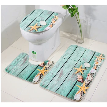 

Ocean 3Pcs/set Bathroom Mat Set Flannel Anti-Slip Kitchen Bath Mat Carpet Bathroom Toliet Rug Pad Washable Mermaid shell