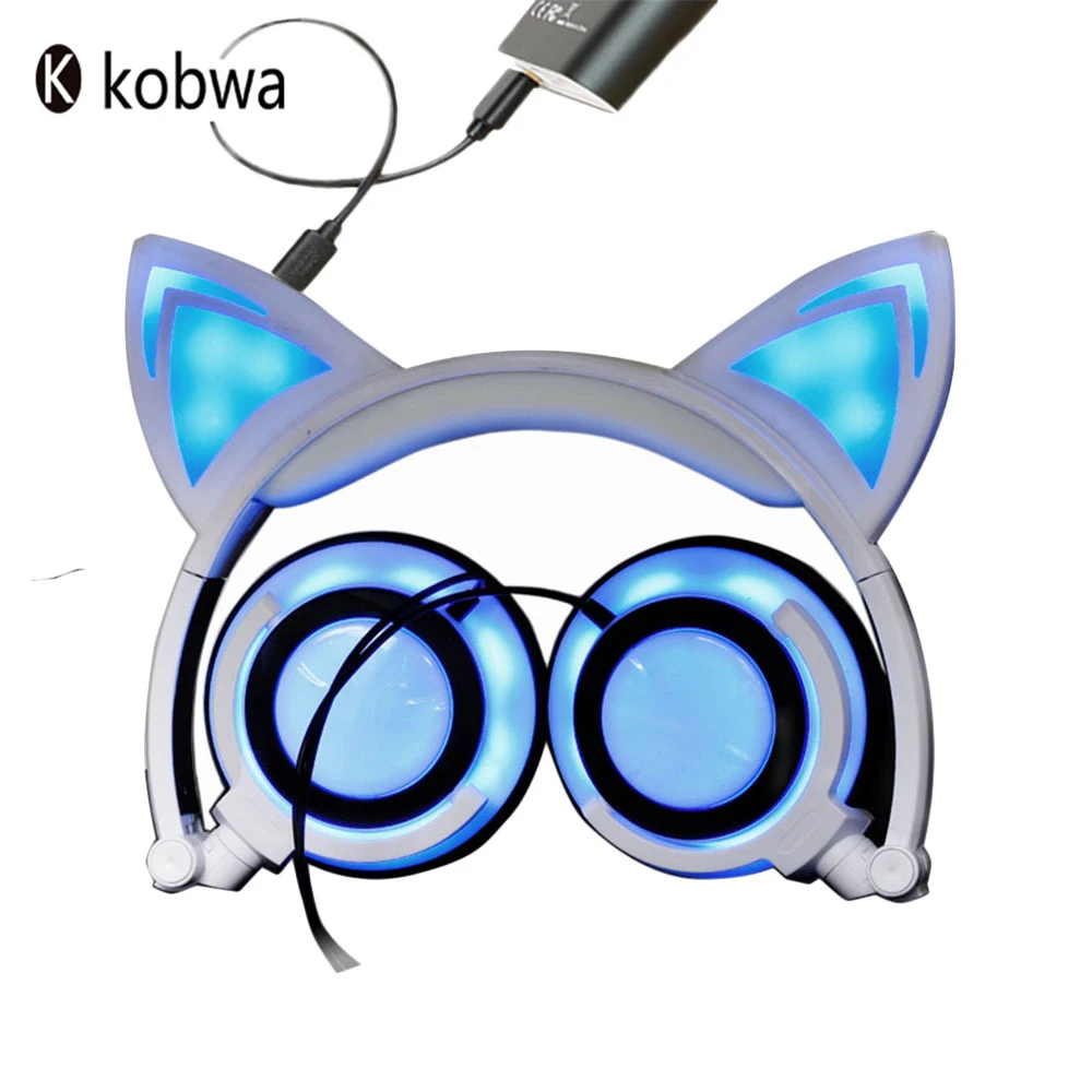 Cat Ear Headphones Wired Over Ear Foldable LED Gaming Flashing Lights