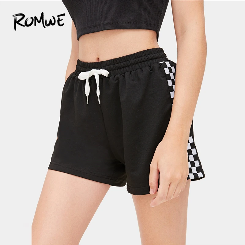 

Romwe Sport Black Plaid Drawstring Waist Checked Panel Side Shorts Women Summer Running Exercise Mid Waist Jogging Bottoms