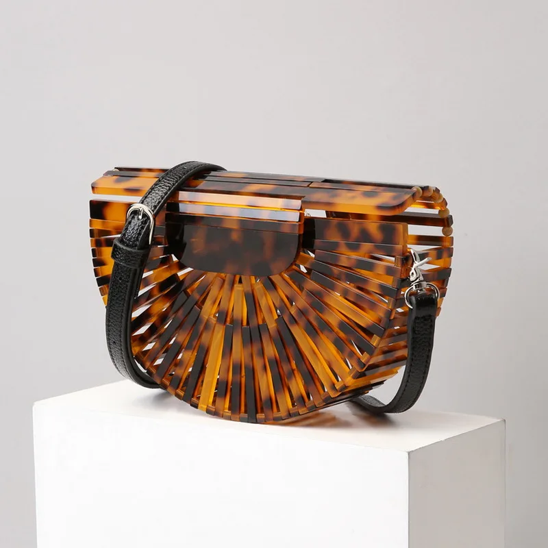 

Sector Round Acrylic Cross Body Bag Summer Mini Girls Lady Handbags tortoiseshell Hollow Bakset Bag Mini Evening Purses Clutches