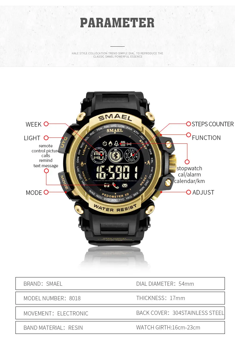 Цифровые часы, водонепроницаемые SMAEL часы, мужские спортивные часы, мужские военные часы, цифровой светодиодный 8018, умные часы с Bluetooth
