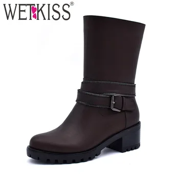

WETKISS High Heels Mid Calf Boots Women Round Toe Thick Heels Boots Winter Fashion Ladies Shoes Metal Decoration Plush Footwear