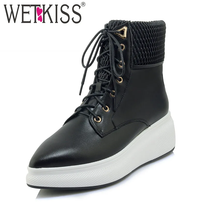 

WETKISS Pleated Leather Women Ankle Boots Pointed Toe Footwear Flat With Female Boot Fashion Casual Platform Shoes Woman Winter