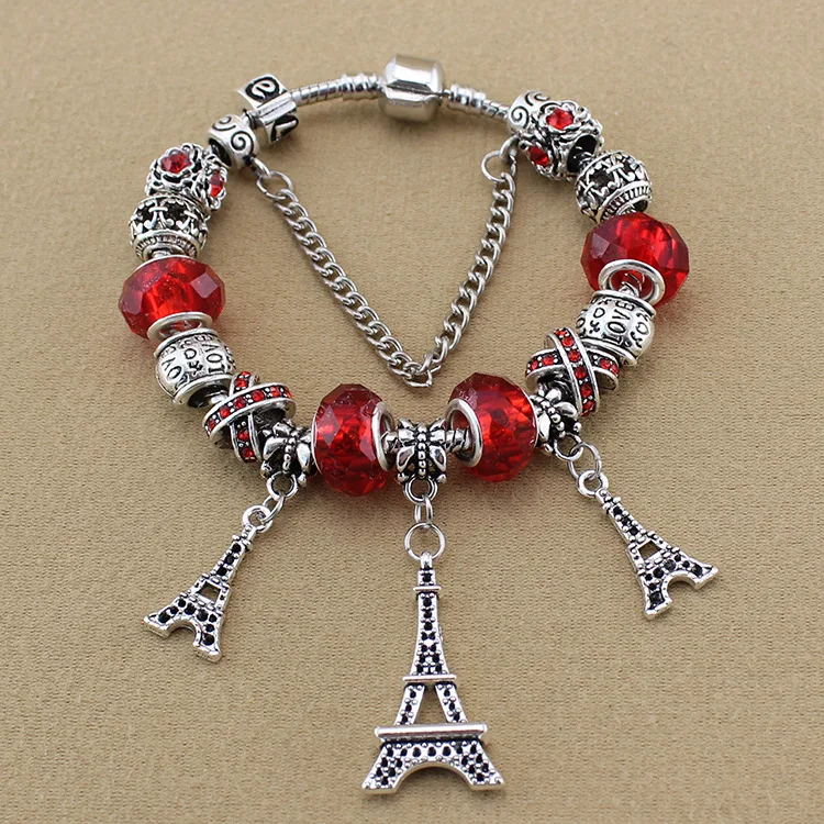 

European Vintage Red Glass Crystal Eiffel Tower Pendant Stylish Silver Plated Pan Bracelet Suitable for Women's Bracelets