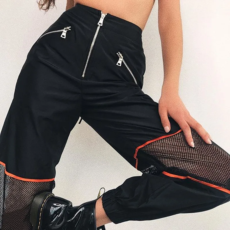Черные Сетчатые Лоскутные штаны для бега на молнии, женские свободные повседневные брюки с высокой талией, женские уличные брюки в стиле хип-хоп