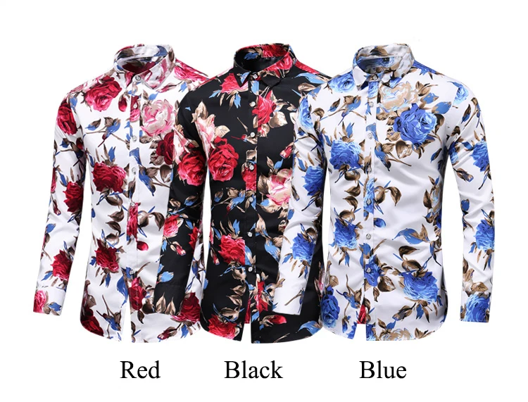 Camisas Floral de Manga Longa Masculina, Com