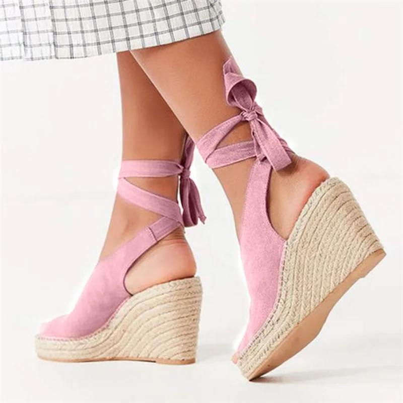 

vertvie Summer Suede Leather Wedge Platform Women Sandals Shoes Weave High Heels Peep Toe Pumps Lace Up Bandage Girl Sandals