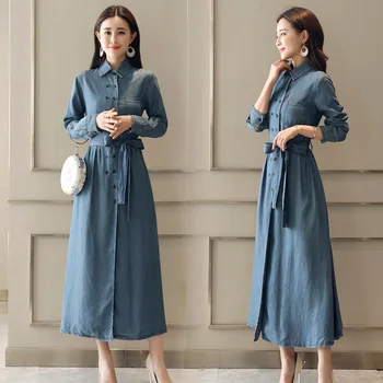 

2018 Women Slim Dress Pencil Vestido Jeans Feminino Sexy OL Female Office Denim Dress Double-breasted Long Sleeve Jeans Dress
